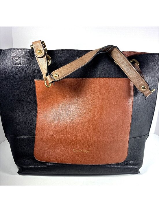 Calvin Klein Handbags - Calvin Klein Large Leather Tote Bag Black Brown Colorblock Shoulder Bag 17”